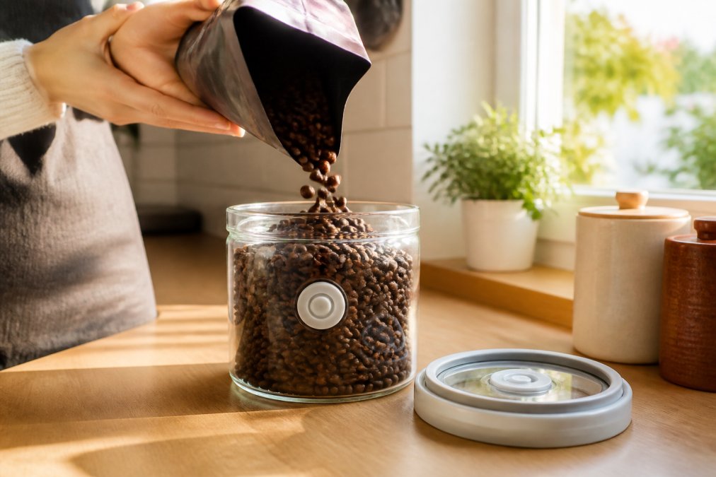 Hands carefully pouring whole roasted coffee beans into a glass airtight container with a one-way valve seal, sunlight streaming through a kitchen window onto the counter, the container lid positioned nearby ready to close