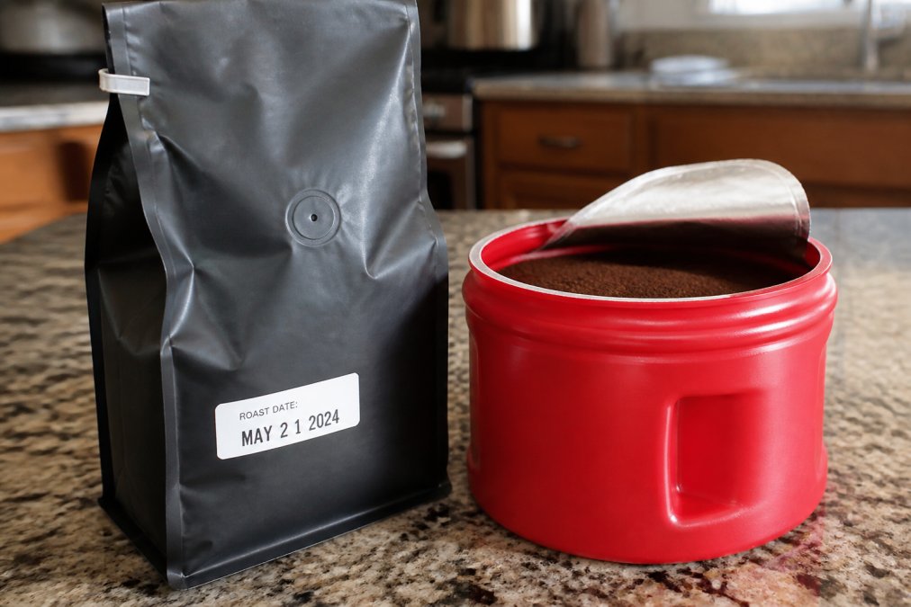 Two coffee bags side by side on a kitchen counter: one dark bag with a visible roast date stamp, next to an open bag of pre-ground coffee in a bright red plastic tub
