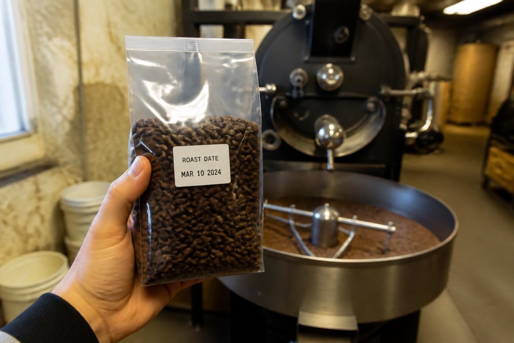 A hand holding a clear bag of coffee beans with a visible roast date sticker, roastery machine blurred in the background, warm industrial lighting