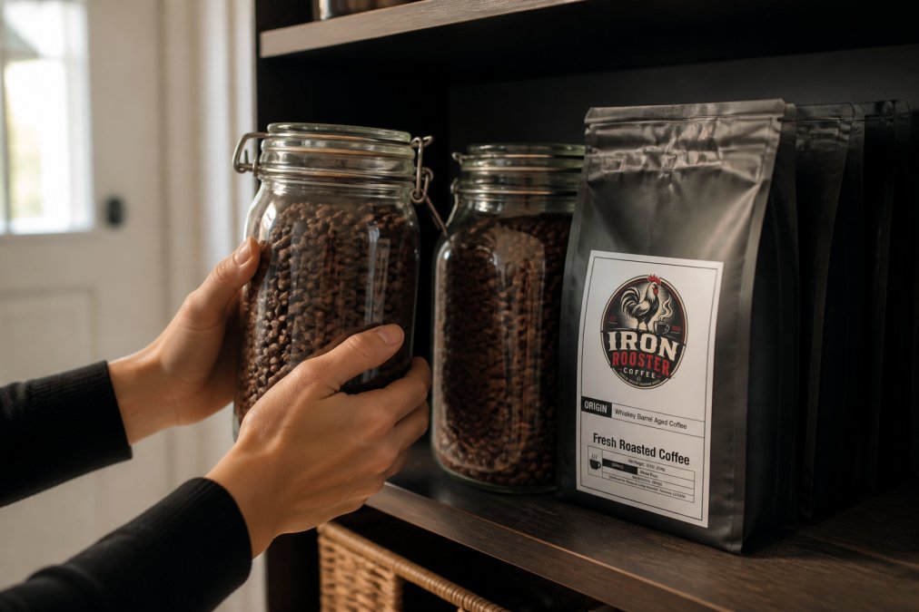 Hands carefully placing airtight glass coffee containers on a cool, dark pantry shelf lined with sealed valve bags, with natural light from a doorway illuminating the organized storage setup