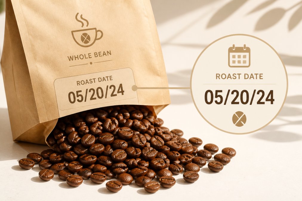 Close-up of a coffee bag showing the roast date printed clearly on kraft paper packaging, with fresh whole beans spilling onto a white ceramic surface, morning sunlight highlighting the beans' rich brown color and glossy surface