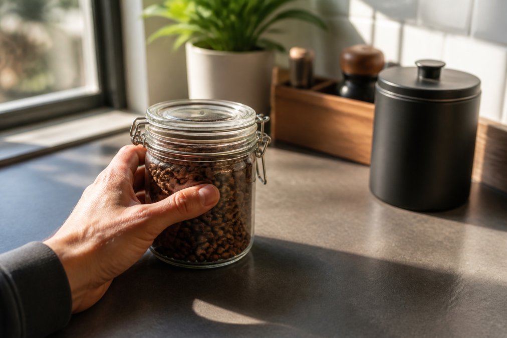 A hand holding an airtight glass container filled with whole coffee beans on a kitchen counter, with morning light from a window creating soft shadows, showing proper storage setup away from direct sunlight in a cool, dry environment