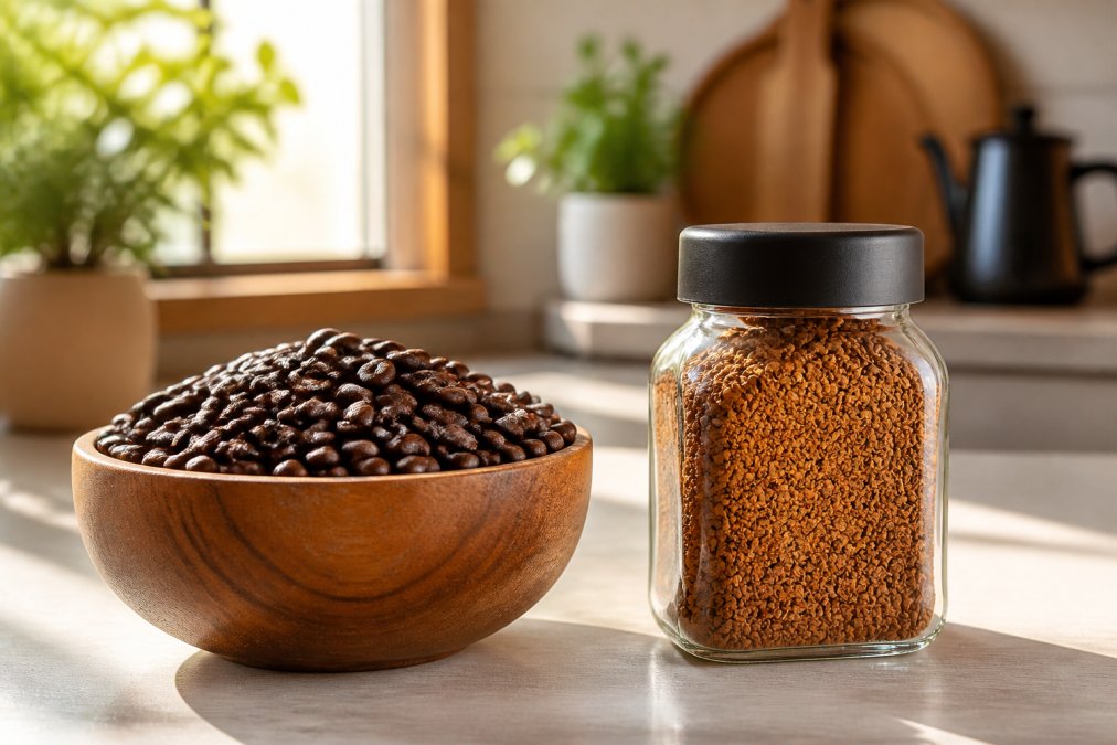 A close-up of freshly roasted coffee beans in a wooden bowl next to a glass jar of instant coffee granules on a bright kitchen counter, with morning light streaming in