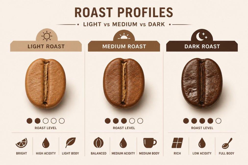Three whole coffee bean samples arranged side-by-side on a neutral surface, showing the visual progression from light tan to medium brown to dark chocolate roast, with natural morning light illuminating the beans