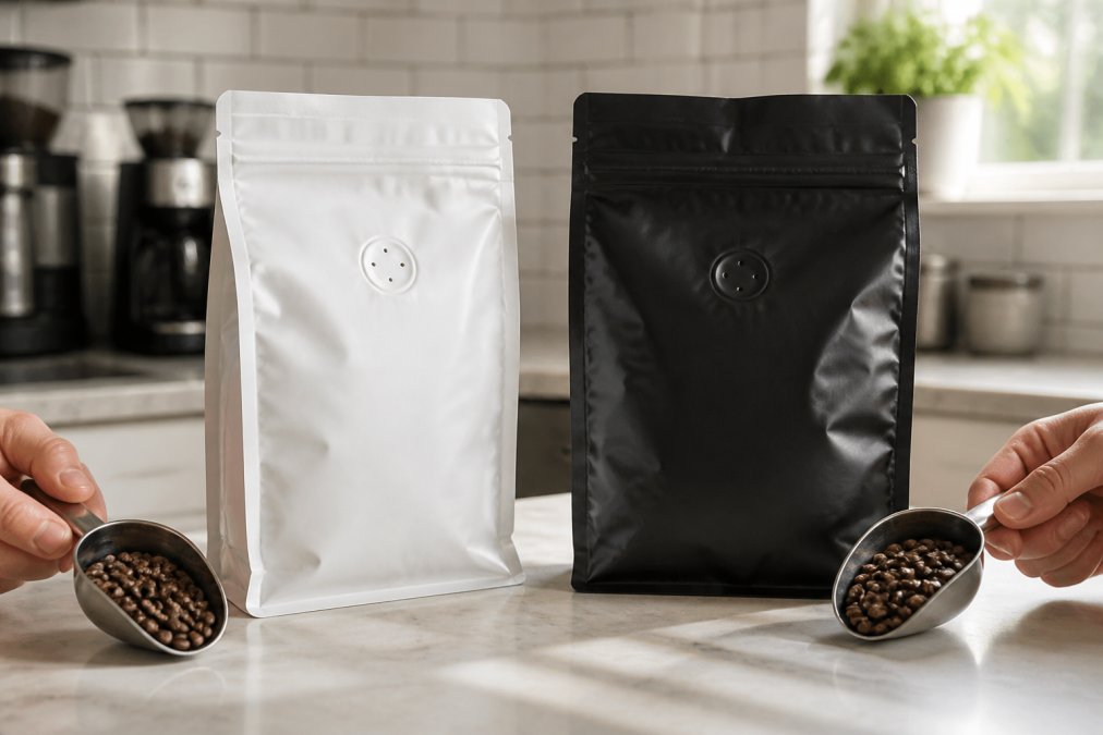 Two coffee bags side by side on a kitchen counter, one with a visible roast date stamp and one-way valve, the other a standard grocery store bag, a hand holding a scoop of beans next to each bag in soft morning light