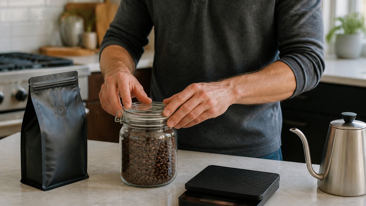 A person in a home kitchen sealing coffee beans in an airtight glass container on a countertop, with a bag of whole beans and a digital scale nearby