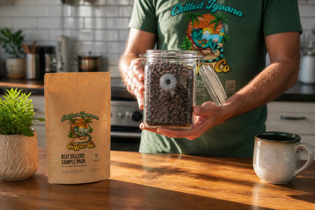 Close-up of hands holding fresh roasted coffee beans in an airtight glass container with a one-way valve, roast date label visible on the side, natural morning light streaming across the counter