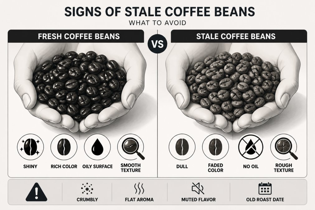 Side-by-side scene showing fresh glossy coffee beans on one side and dull, faded stale beans on the other, held in hands under bright natural light to show the visual freshness contrast
