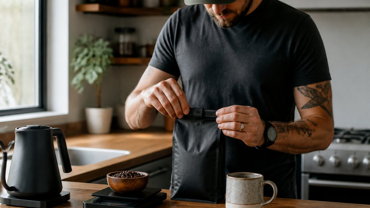 A person's hands sealing an opaque coffee bag with a clip on a kitchen counter, with a digital scale and mug nearby in soft morning light