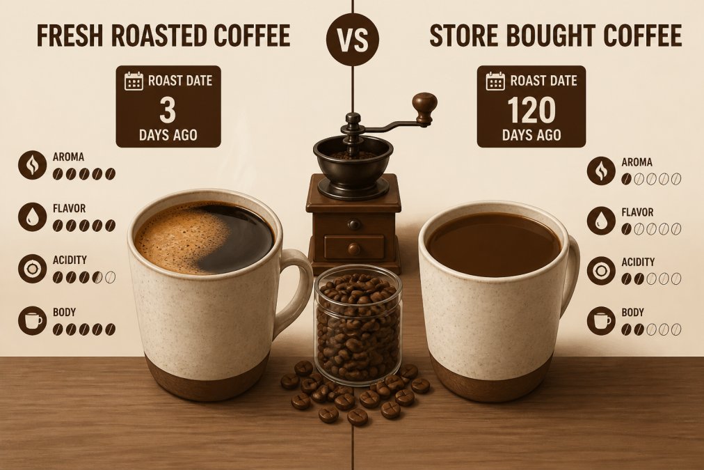 Two ceramic coffee mugs side by side on a wooden table. One is filled with dark, freshly brewed coffee with visible crema, and the other with a flat, dull-looking coffee. A small burr grinder and a glass container of whole beans sit between them.