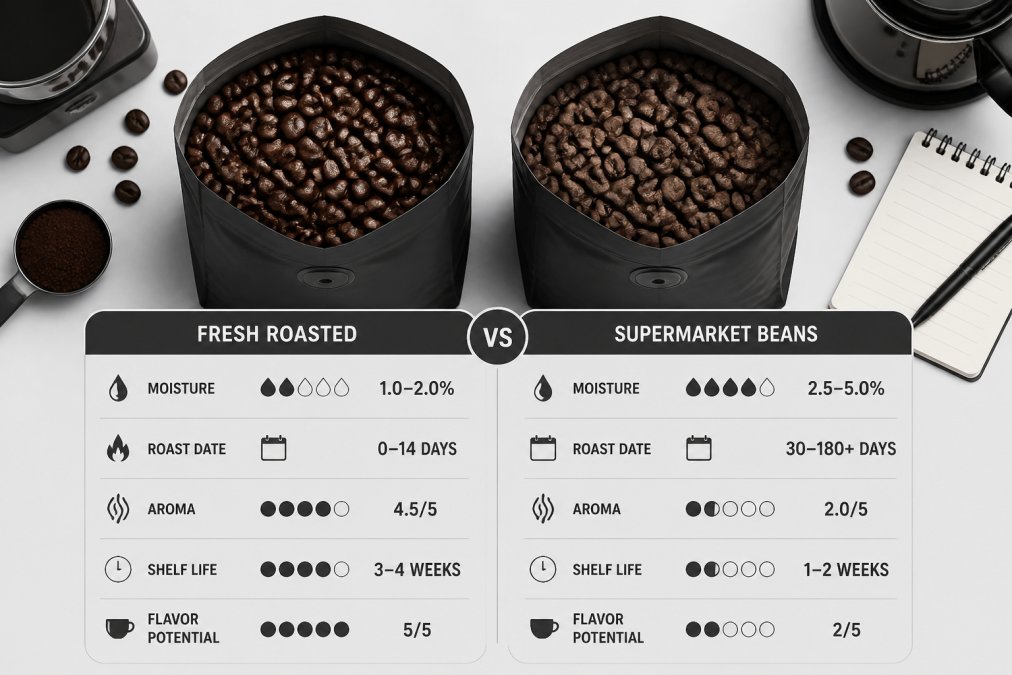 Comparison of glossy fresh roasted coffee beans versus dull supermarket beans on a kitchen counter.