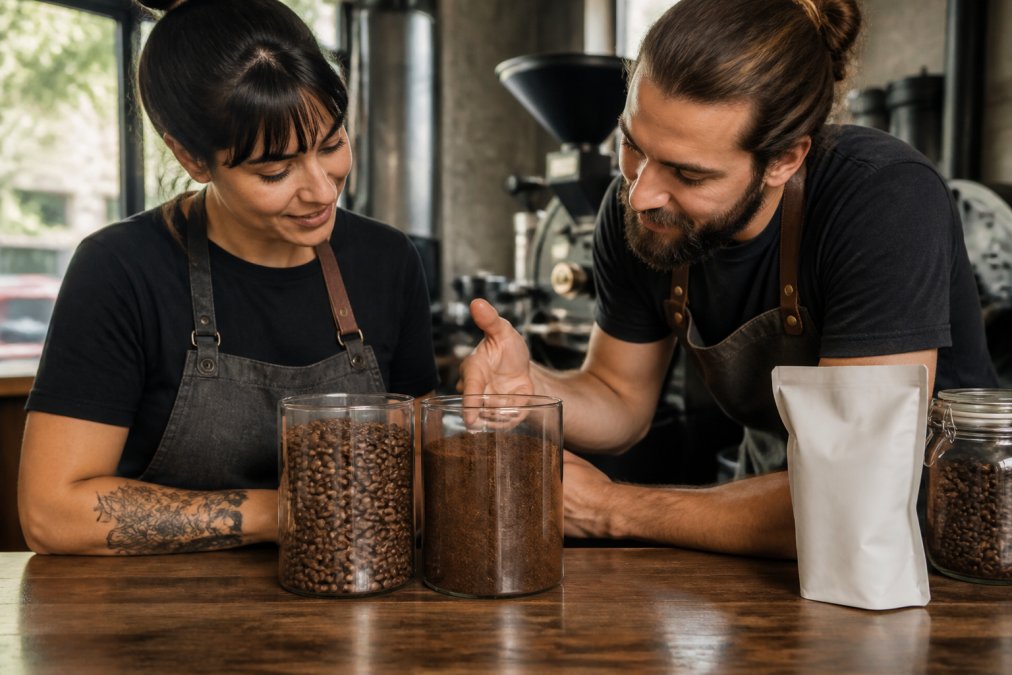 Close-up of two glass containers side by side: one filled with glossy, freshly roasted whole beans and the other with dull, pre-ground coffee in a supermarket bag, shot in warm natural window light