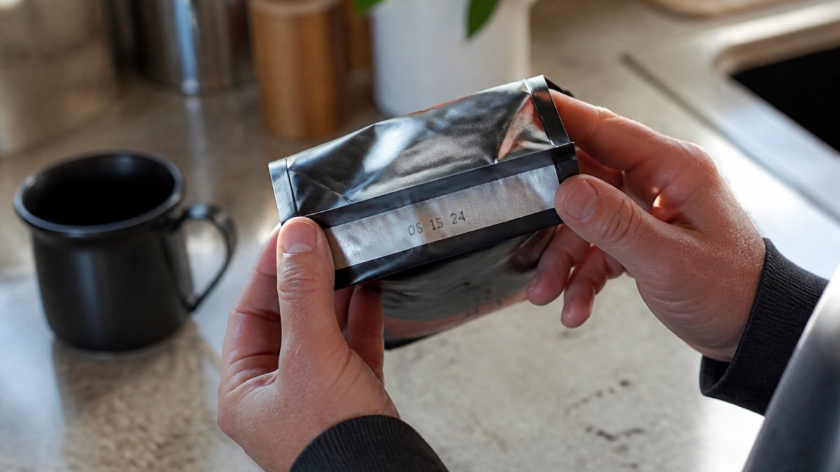 Hands checking the roast date on a bag of fresh roasted coffee in a kitchen setting