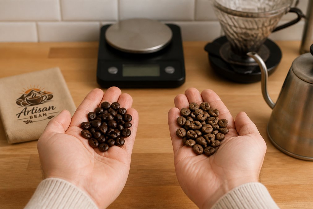 Hands comparing glossy, fresh coffee beans against dull, stale beans on a wooden kitchen counter