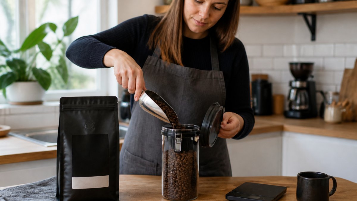 Professional demonstrating proper coffee bean storage by placing freshly roasted beans into an airtight container with a one-way valve, roast date label visible on the bag, natural kitchen lighting