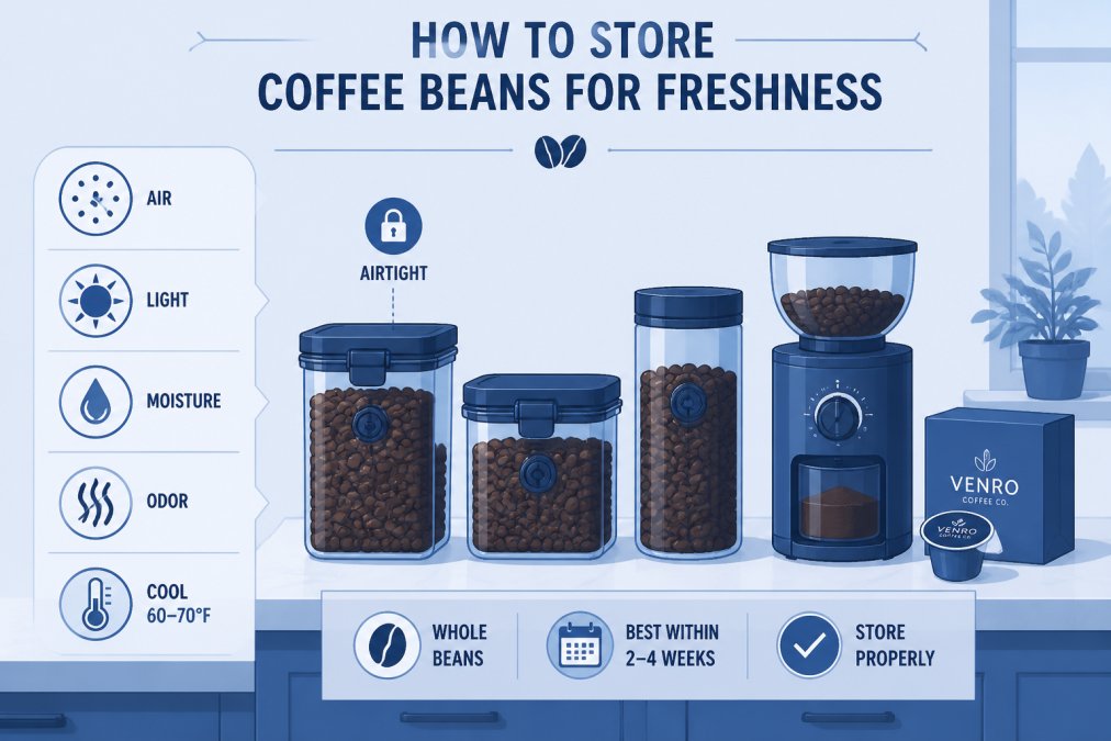 Organized coffee storage setup showing airtight containers, whole beans, and grinder on a kitchen counter with natural lighting