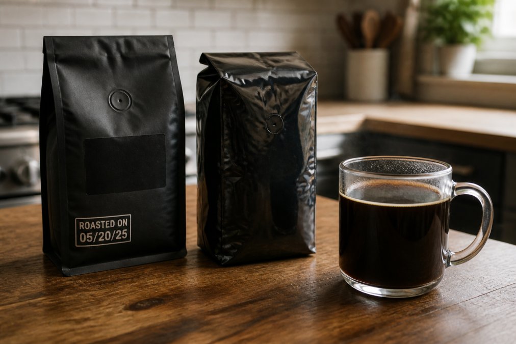 Two coffee bags side by side on a wooden kitchen counter, one a sealed specialty roaster bag with a visible roast date stamp, the other a standard grocery store vacuum-sealed brick pack, with a freshly brewed cup of black coffee nearby