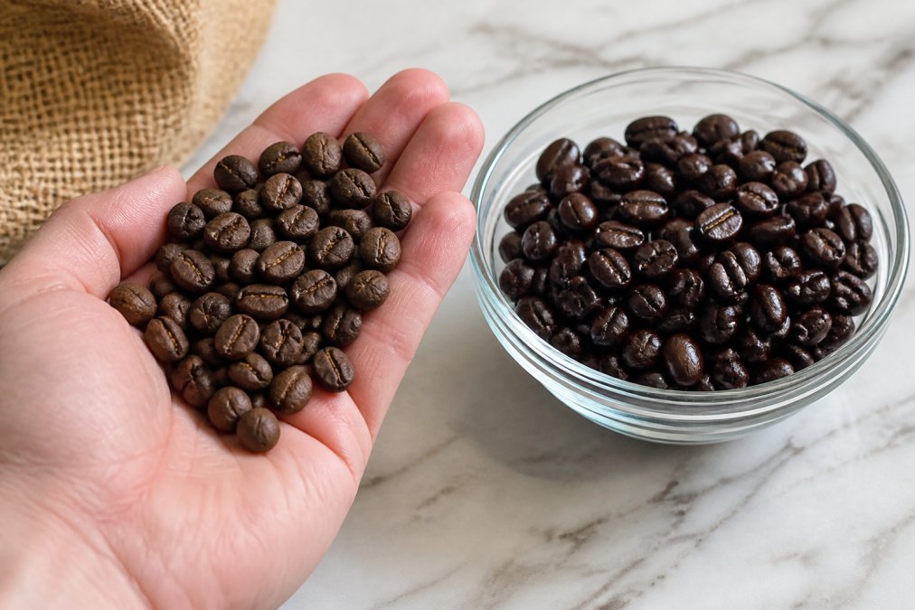 Close-up of a person's hand holding a handful of dull, matte coffee beans next to a small glass bowl of glossy, freshly roasted dark beans on a white marble surface, highlighting the visual contrast in bean quality