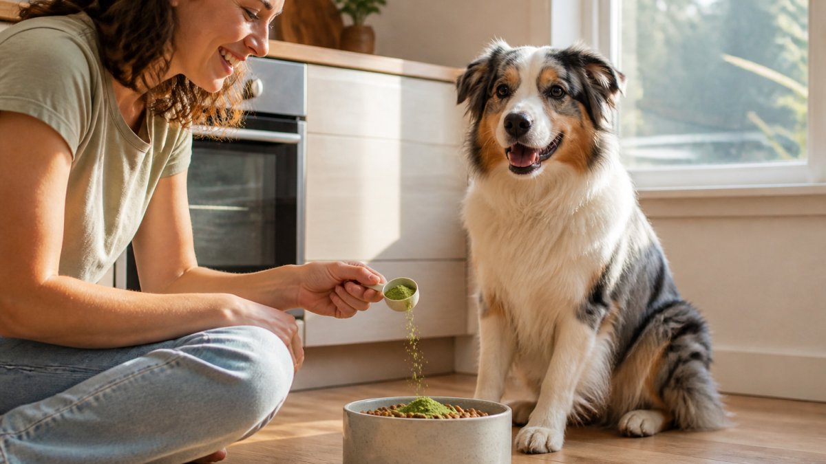 Happy Australian shepherd watching green seaweed powder being sprinkled onto food in a bright kitchen