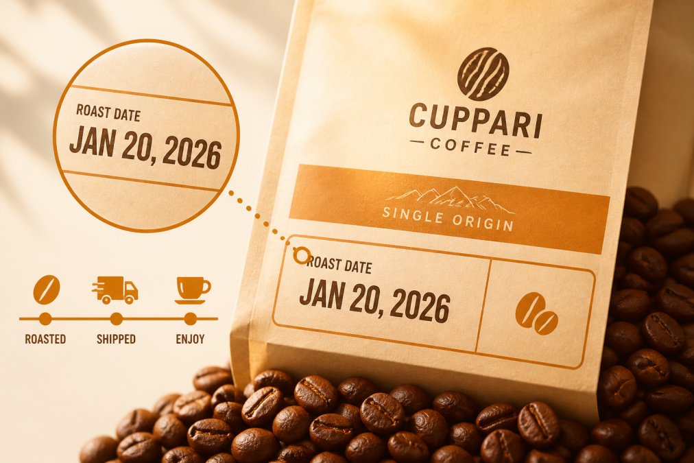 Close-up of a coffee bag label showing the roast date printed clearly in bold text, with whole arabica beans visible in the background, natural morning light highlighting the date stamp on kraft paper