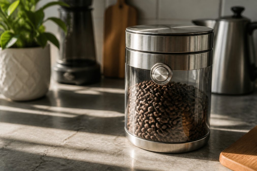 An airtight stainless steel coffee canister with a one-way valve sitting on a kitchen counter away from direct sunlight, with fresh whole arabica beans partially visible inside through the clear container, morning light casting shadows across the counter