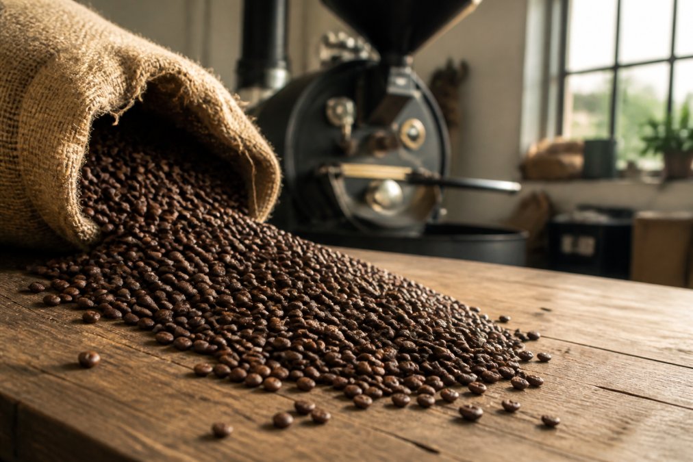 A burlap sack of coffee beans being poured onto a wooden roastery counter, with a large drum roaster blurred in the background and soft natural light streaming through a window