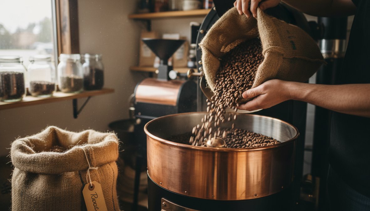 Close-up of a roaster's hands scooping freshly roasted whole arabica coffee beans from a roasting drum into a kraft paper bag, warm amber lighting in a small roastery