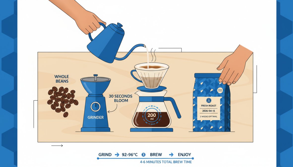 Overhead shot of a person pouring hot water from a gooseneck kettle over a pour-over coffee dripper on a wooden table, with whole beans, a burr grinder, and a sealed kraft paper coffee bag nearby, warm natural light