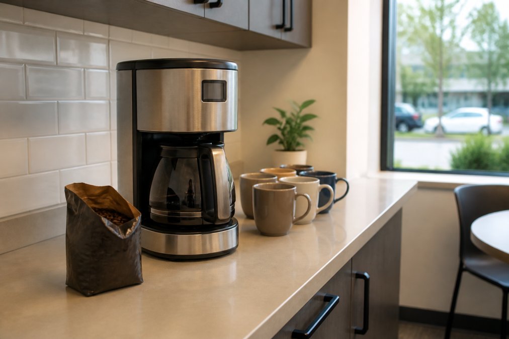 A clean, modern office break room counter with a stainless steel coffee brewer, several ceramic mugs, and an open bag of whole bean coffee nearby, natural light streaming in from a window