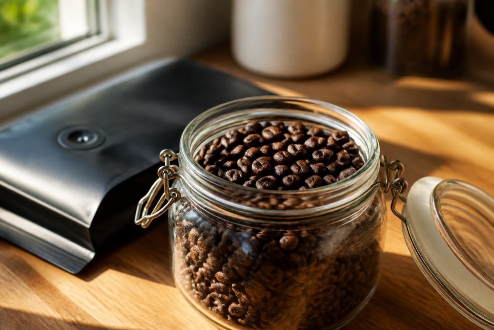 A close-up photo of freshly roasted whole coffee beans in an open glass jar on a wooden kitchen counter, with a one-way valve bag nearby and soft natural morning light coming through a window