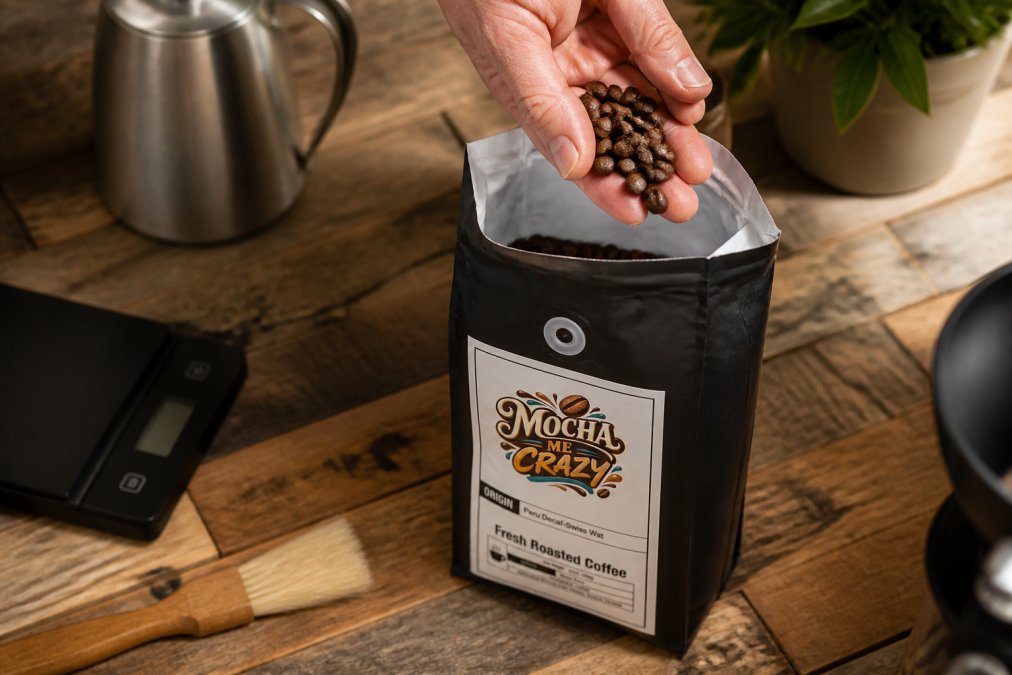 Close-up of a hand holding a small cluster of dark, freshly roasted coffee beans just above an open kraft paper coffee bag, with a visible one-way CO2 degassing valve on the bag and a warm-toned rustic wooden surface in the background