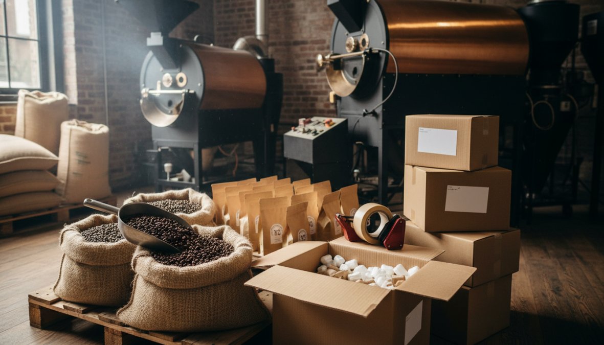 Close-up of freshly roasted whole bean coffee being poured from a kraft bag onto a wooden surface, with a shipping label and specialty coffee roastery packaging visible in warm background lighting
