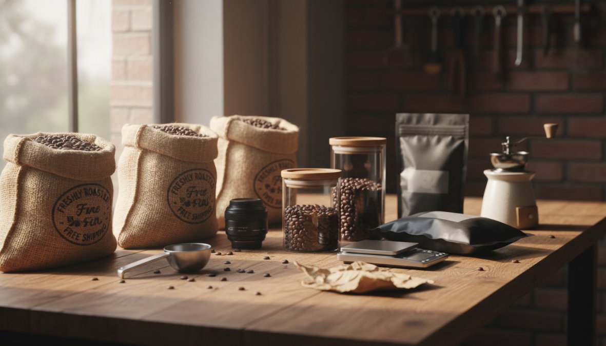 A sealed airtight coffee canister next to an open kraft bag of whole bean coffee on a clean kitchen counter, with soft natural window light highlighting the texture of the beans