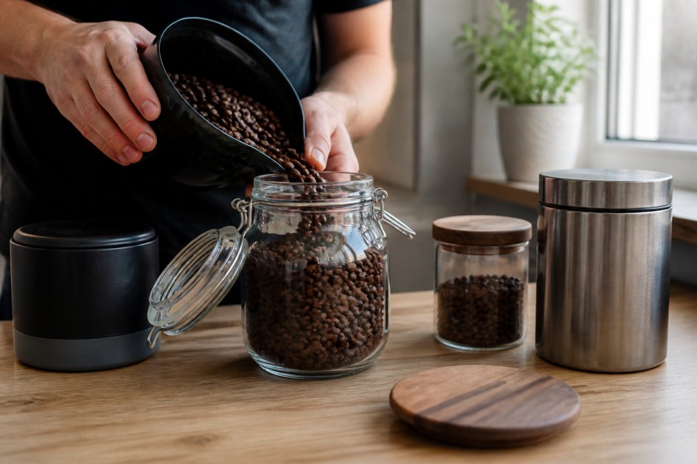 Hands carefully placing freshly roasted coffee beans into an airtight glass container on a kitchen counter with a roast date label visible, surrounded by proper storage containers in natural window lighting