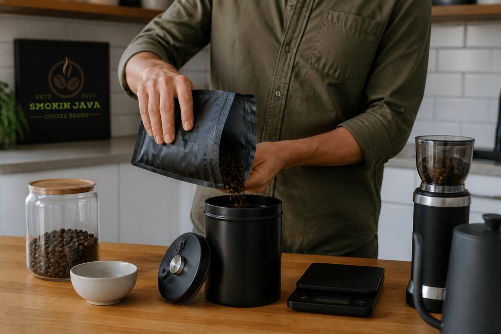 Pouring freshly roasted vs store bought coffee beans into an airtight container for storage