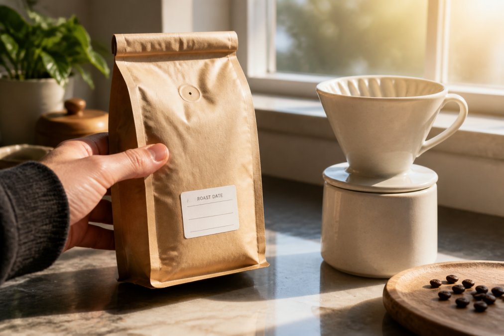A hand holding a kraft paper coffee bag with a clear roast date label, set on a kitchen counter next to a ceramic pour-over brewer, warm morning light streaming through a window