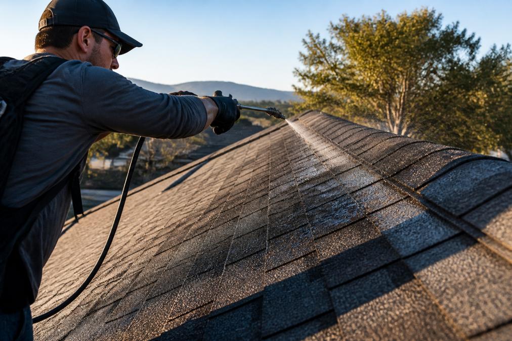 A roofing contractor in work gloves spraying a clear rejuvenation treatment onto aged asphalt shingles on a residential roof, granules visibly worn near the ridge, late afternoon sunlight