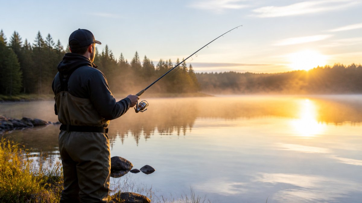 Angler wearing waders stands by a misty lake at sunrise holding a spinning rod and reel ready to cast