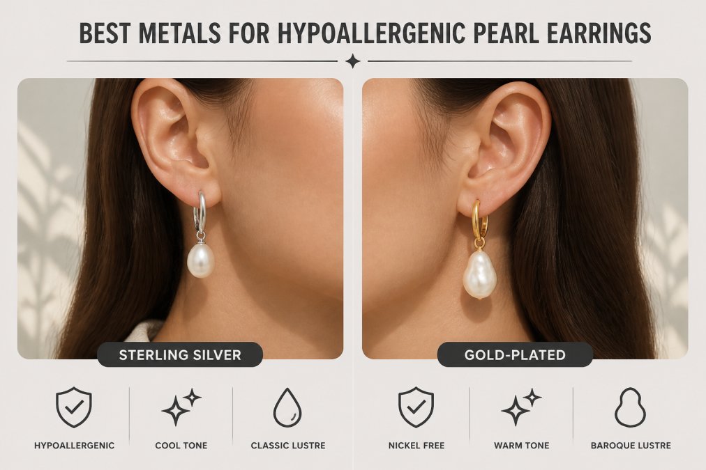 Woman's ear wearing sterling silver pearl drop earrings and gold-plated baroque pearl earrings side by side, showing the subtle differences in metal finish and lustre against her skin in natural daylight