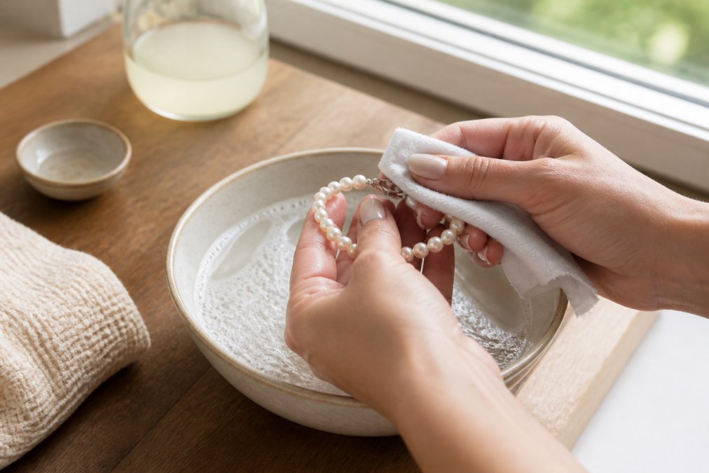Hands gently cleaning a freshwater pearl bracelet with a soft white cloth and mild soap solution in a shallow ceramic bowl, showing proper care technique in soft natural lighting from a window