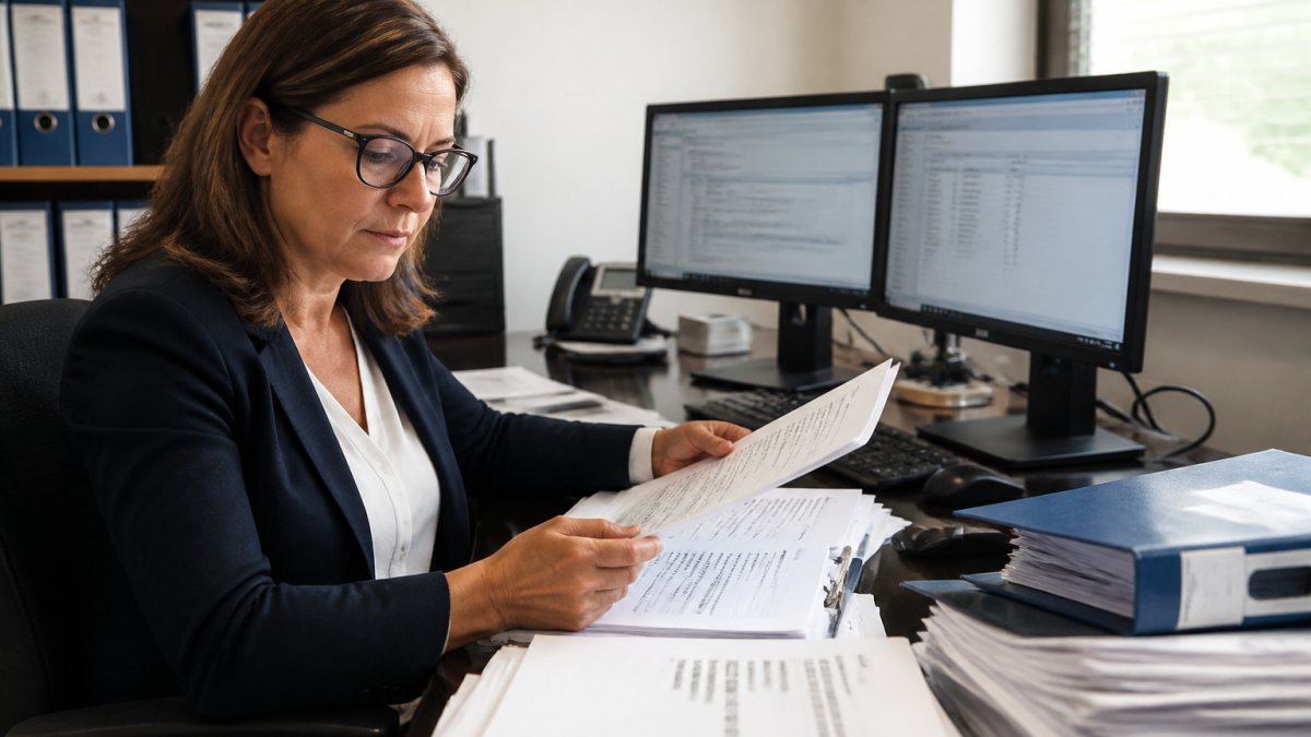 Regulatory affairs manager reviewing ISO 13485 compliance documentation and quality management system records at a desk with multiple monitors showing compliance dashboards and submission timelines