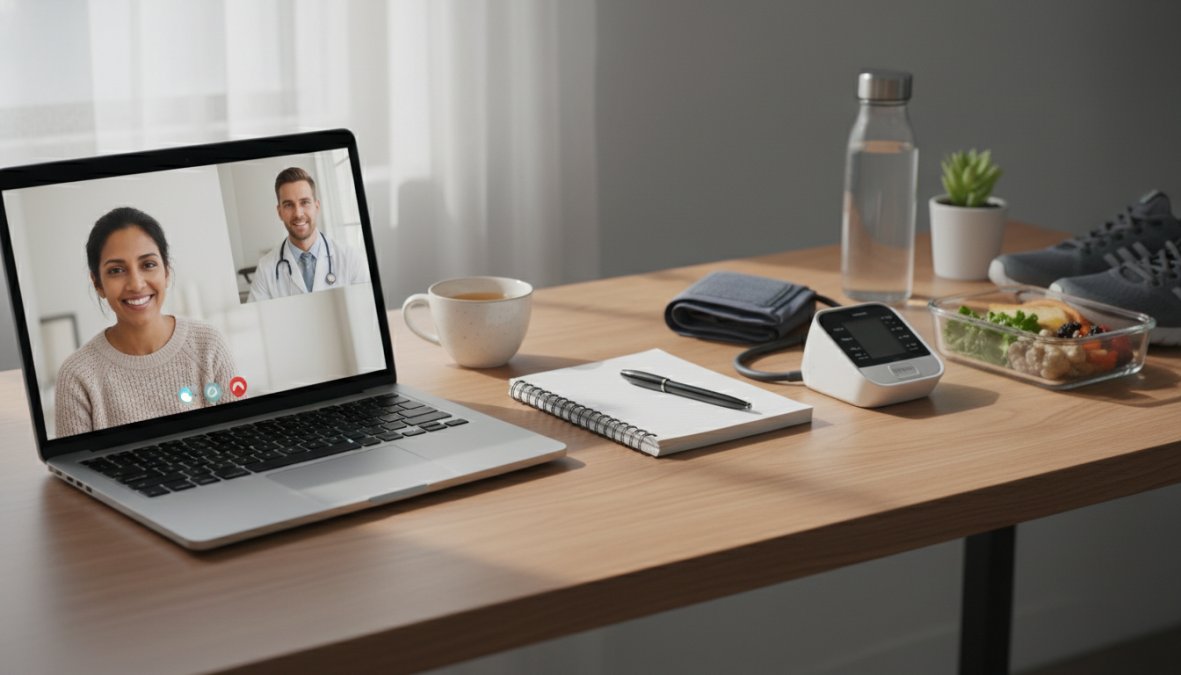 A calm, professional doctor in a white coat consulting with a middle-aged patient over a video call on a laptop, both visible on screen, in a clean modern home office with warm natural light from a window