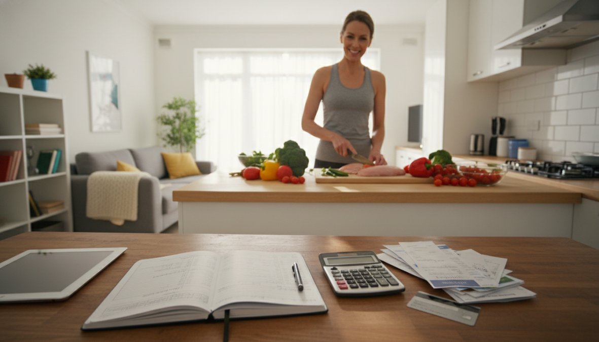 A healthy, active middle-aged woman with a warm smile preparing a colorful nutritious meal in a bright sunlit kitchen, fresh vegetables on the cutting board, natural light streaming through large windows