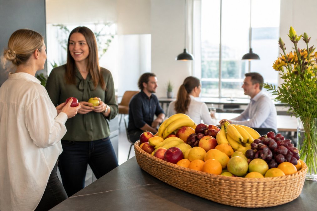Medarbejdere i moderne kontormiljø nyder frisk frugt fra en farverig frugtkurv ved køkkenet, med naturligt lys gennem store vinduer
