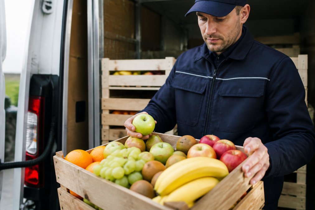 Leverandør i uniform inspicerer og håndterer frisk frugt med omhu, mens han pakker en frugtkasse til levering på arbejdsplads