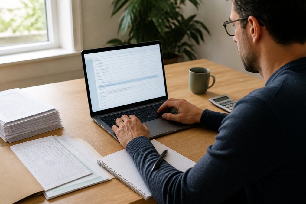 Person am Laptop, die ein Online-Formular auf dem Bildschirm ausfüllt, mit Steuerdokumenten und Notizblock daneben auf dem Schreibtisch, natürliches Licht von links