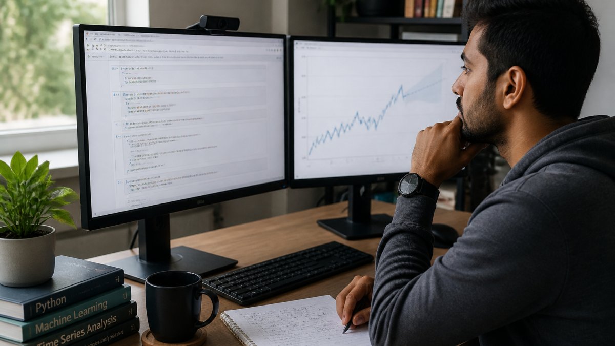 A data analyst at a desk with two monitors, one showing Python code in a Jupyter notebook and the other displaying a line chart of forecasted values, with a notebook and coffee nearby