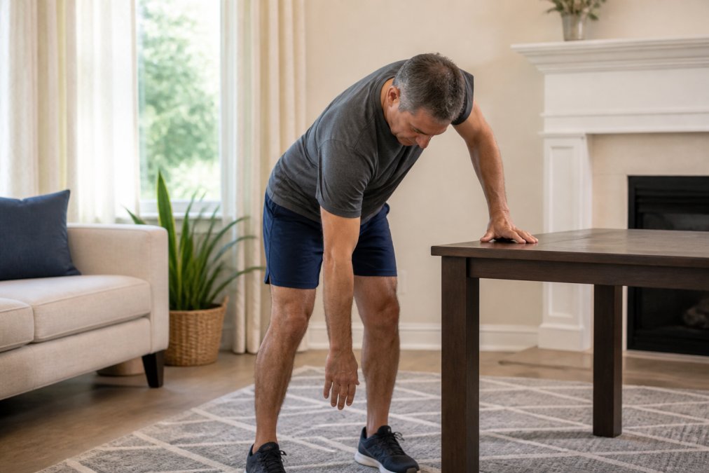 A middle-aged person performing a gentle pendulum stretch with their arm hanging down, using a table for support in a bright living room