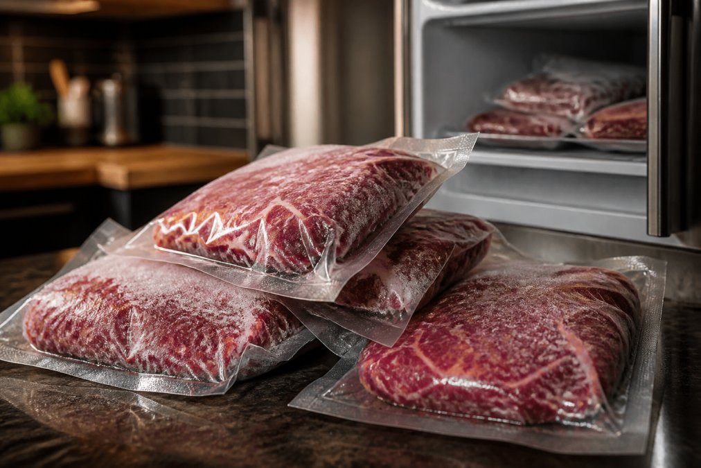 Close-up of premium frozen meat cuts in vacuum-sealed packaging, showing crystalline frost and vibrant deep red color, with a kitchen counter and freezer door visible in soft natural background light
