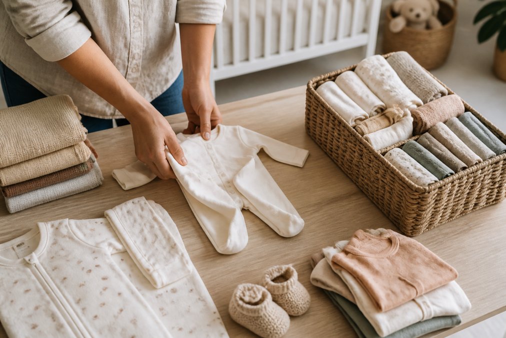 Parent folding soft organic baby clothes on a wooden table in a sunny nursery with a basket of garments nearby